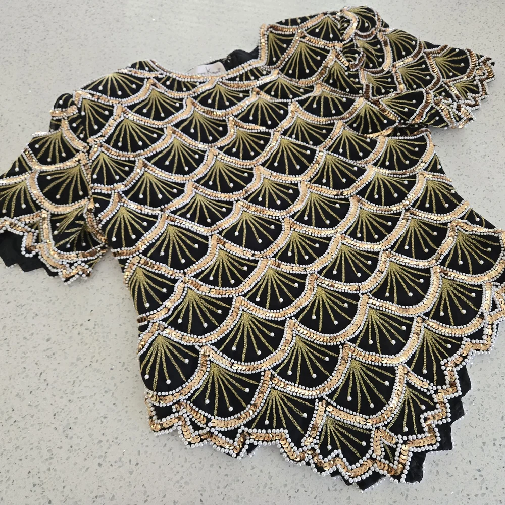 Laurence Kazar Black Top with Gold and White Beading - Picture 2 of 5